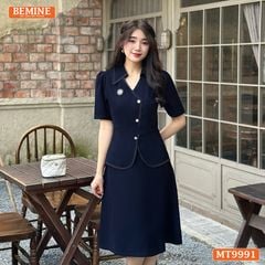 Đầm thiết kế BEMINE cổ sơ mi vạt kiểu có nút dáng chữ A phù hợp đi làm-MT9991