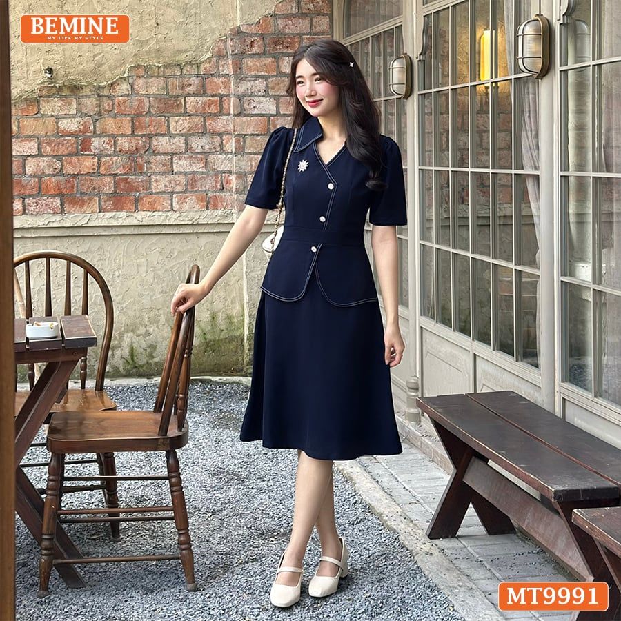Đầm thiết kế BEMINE cổ sơ mi vạt kiểu có nút dáng chữ A phù hợp đi làm-MT9991