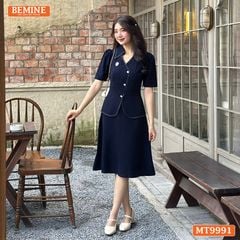 Đầm thiết kế BEMINE cổ sơ mi vạt kiểu có nút dáng chữ A phù hợp đi làm-MT9991