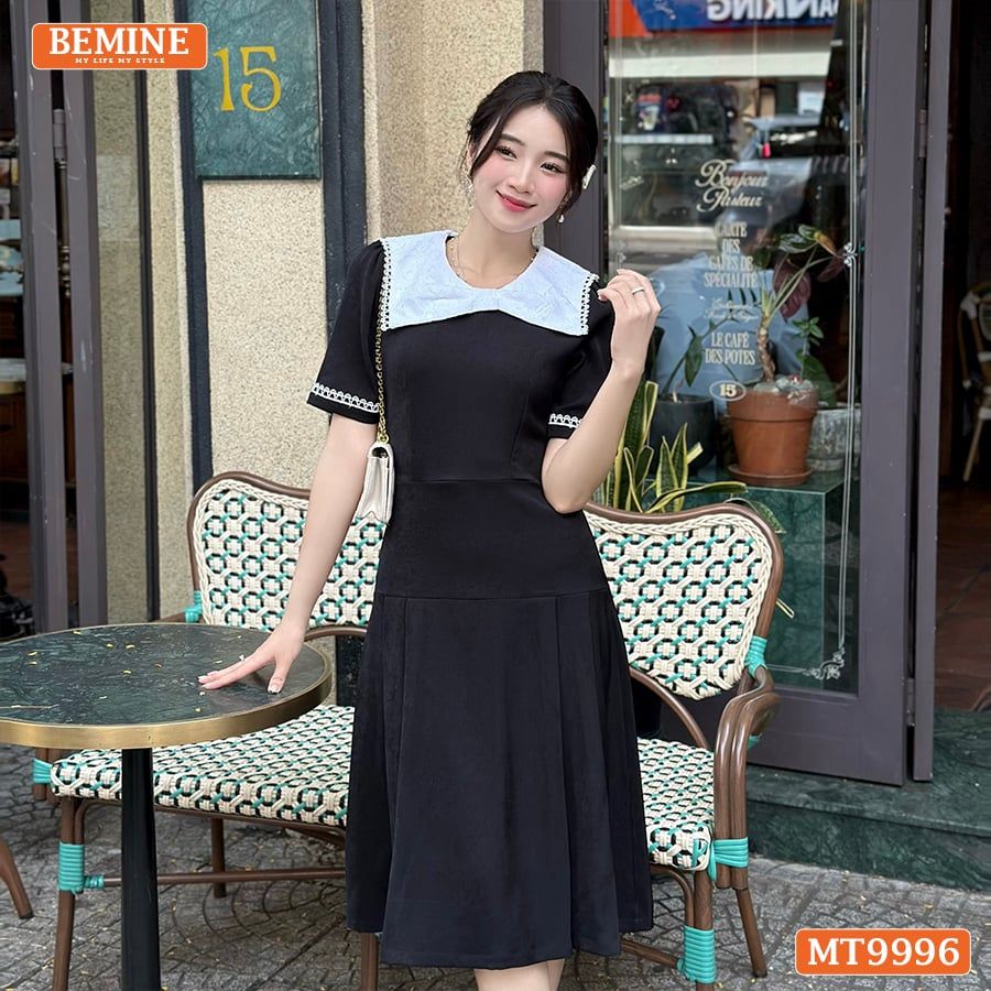 Đầm thiết kế BEMINE cổ tròn kiểu nơ phối ren dáng chữ A phù hợp đi làm, đi chơi-MT9996