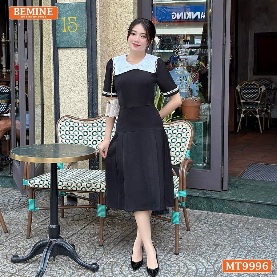 Đầm thiết kế BEMINE cổ tròn kiểu nơ phối ren dáng chữ A phù hợp đi làm, đi chơi-MT9996