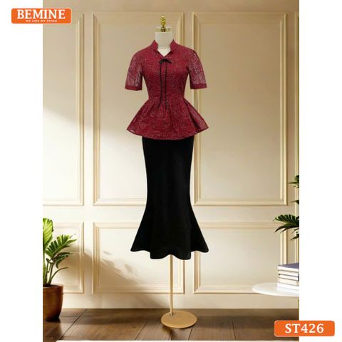 Áo thiết kế BEMINE dáng peplum cổ V tơ thêu hoa phù hợp đi chơi, đi tiệc-A426