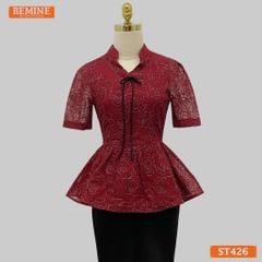 Áo thiết kế BEMINE dáng peplum cổ V tơ thêu hoa phù hợp đi chơi, đi tiệc-A426