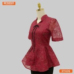 Áo thiết kế BEMINE dáng peplum cổ V tơ thêu hoa phù hợp đi chơi, đi tiệc-A426
