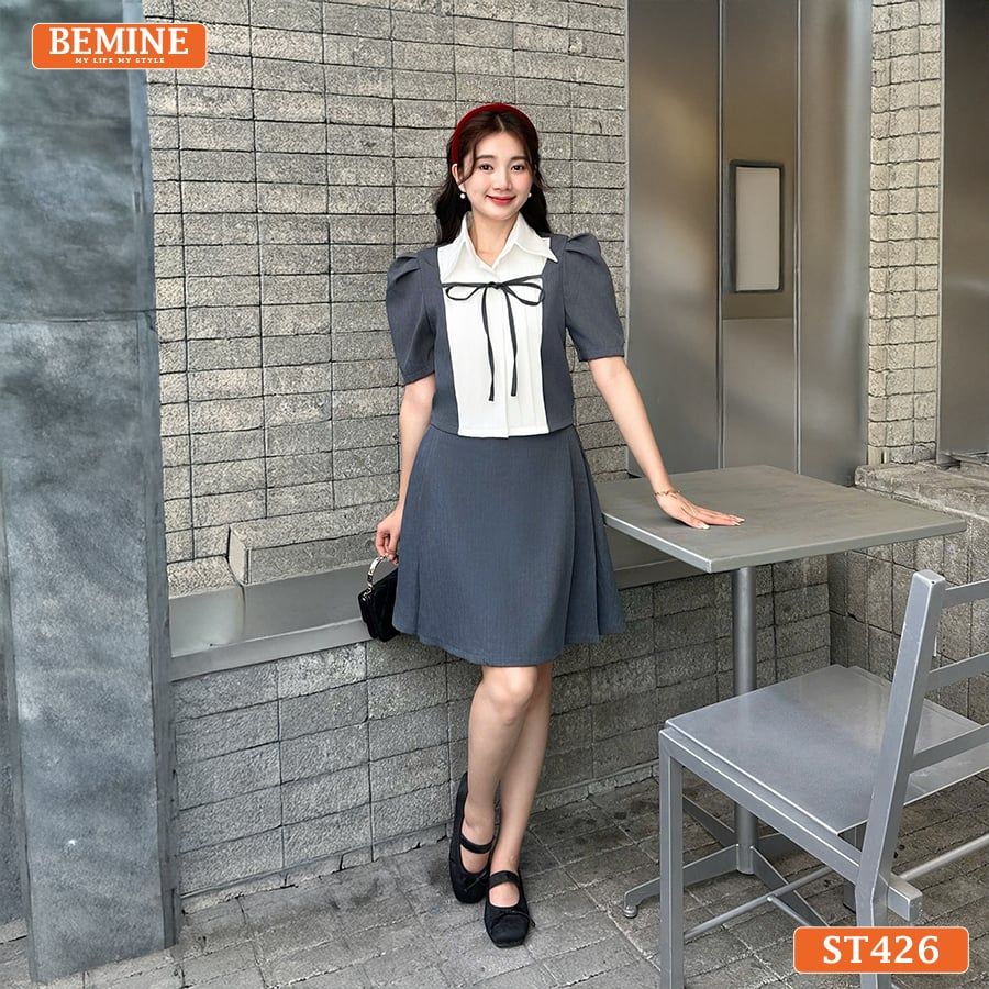 Set thiết kế BEMINE áo cổ sơ mi xếp ly ngực chân váy chữ A-ST426