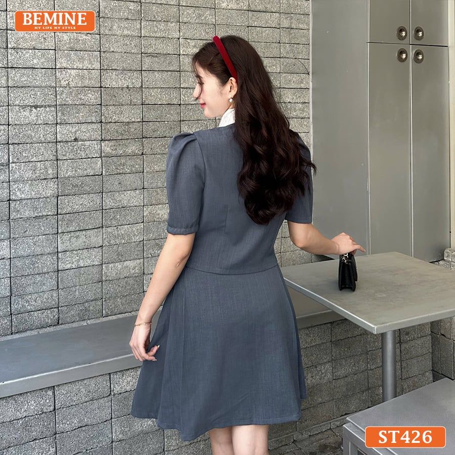 Set thiết kế BEMINE áo cổ sơ mi xếp ly ngực chân váy chữ A-ST426