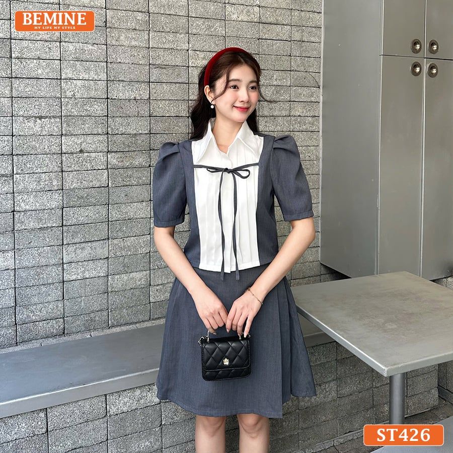 Set thiết kế BEMINE áo cổ sơ mi xếp ly ngực chân váy chữ A-ST426