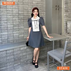 Set thiết kế BEMINE áo cổ sơ mi xếp ly ngực chân váy chữ A-ST426