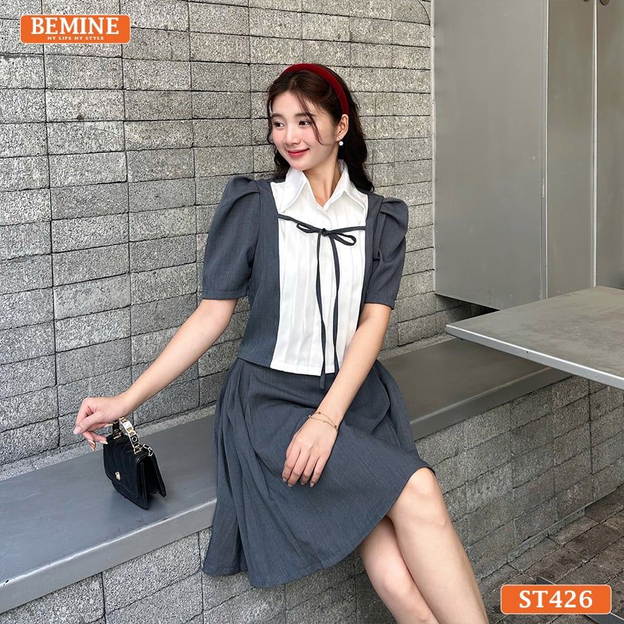 Set thiết kế BEMINE áo cổ sơ mi xếp ly ngực chân váy chữ A-ST426
