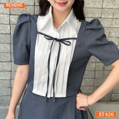 Set thiết kế BEMINE áo cổ sơ mi xếp ly ngực chân váy chữ A-ST426