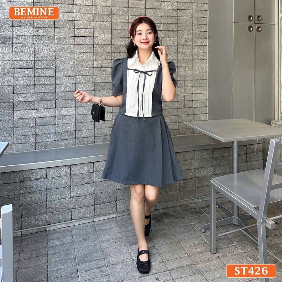 Set thiết kế BEMINE áo cổ sơ mi xếp ly ngực chân váy chữ A-ST426