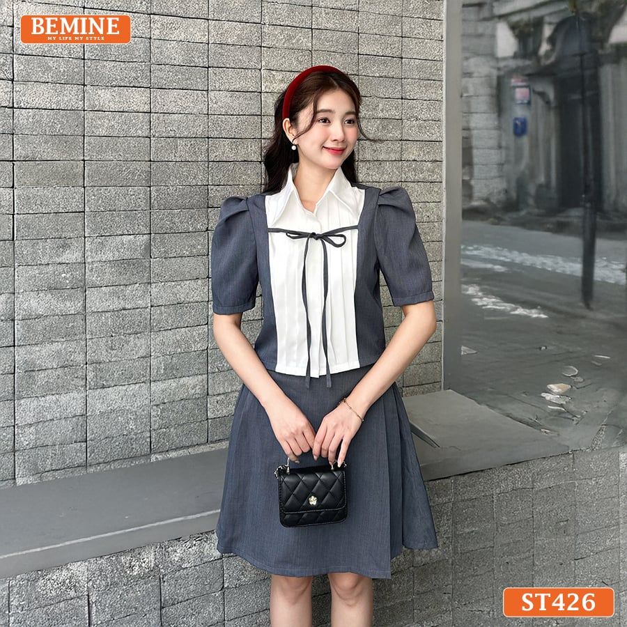 Set thiết kế BEMINE áo cổ sơ mi xếp ly ngực chân váy chữ A-ST426