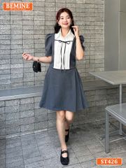 Set thiết kế BEMINE áo cổ sơ mi xếp ly ngực chân váy chữ A-ST426