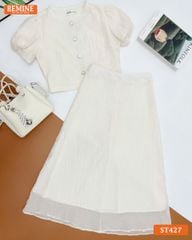 Set thiết kế tơ voan BEMINE áo cổ tròn đính cúc chân váy dài ST427