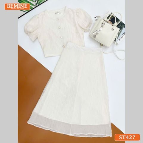 Set thiết kế tơ voan BEMINE áo cổ tròn đính cúc chân váy dài ST427