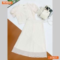 Set thiết kế tơ voan BEMINE áo cổ tròn đính cúc chân váy dài ST427