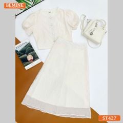 Set thiết kế tơ voan BEMINE áo cổ tròn đính cúc chân váy dài ST427