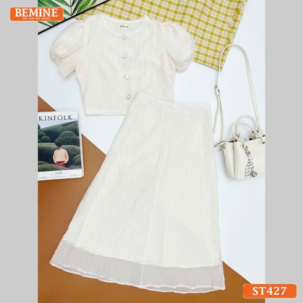 Set thiết kế tơ voan BEMINE áo cổ tròn đính cúc chân váy dài ST427