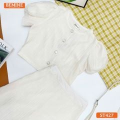 Set thiết kế tơ voan BEMINE áo cổ tròn đính cúc chân váy dài ST427