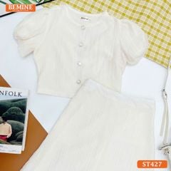 Set thiết kế tơ voan BEMINE áo cổ tròn đính cúc chân váy dài ST427