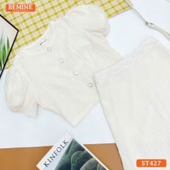 Set thiết kế tơ voan BEMINE áo cổ tròn đính cúc chân váy dài ST427