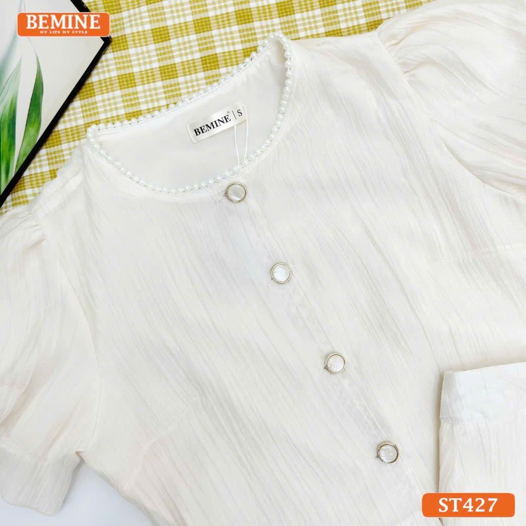 Set thiết kế tơ voan BEMINE áo cổ tròn đính cúc chân váy dài ST427