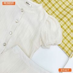Set thiết kế tơ voan BEMINE áo cổ tròn đính cúc chân váy dài ST427
