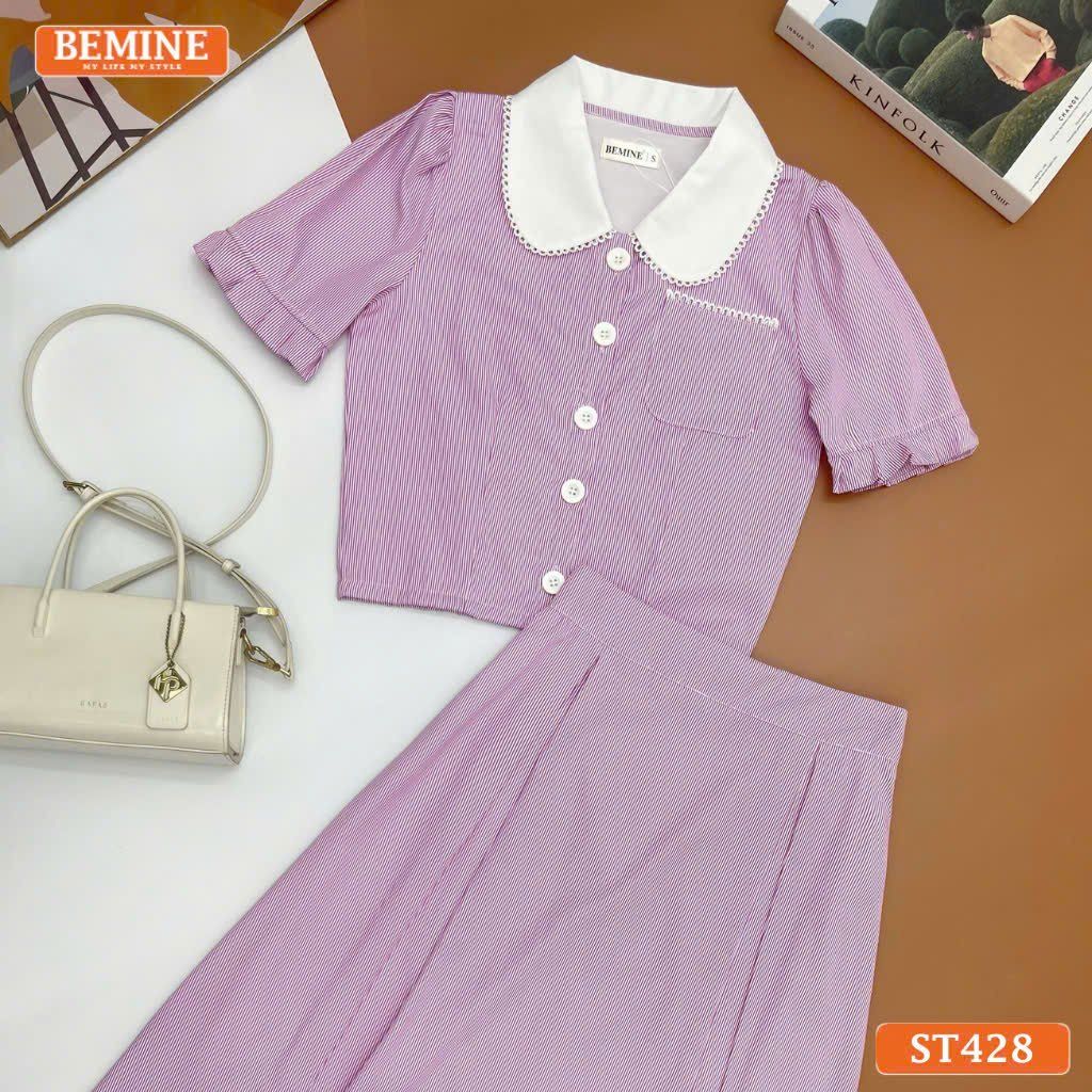 Set BEMINE áo sơ mi đính cúc chân váy dáng chữ A ST428