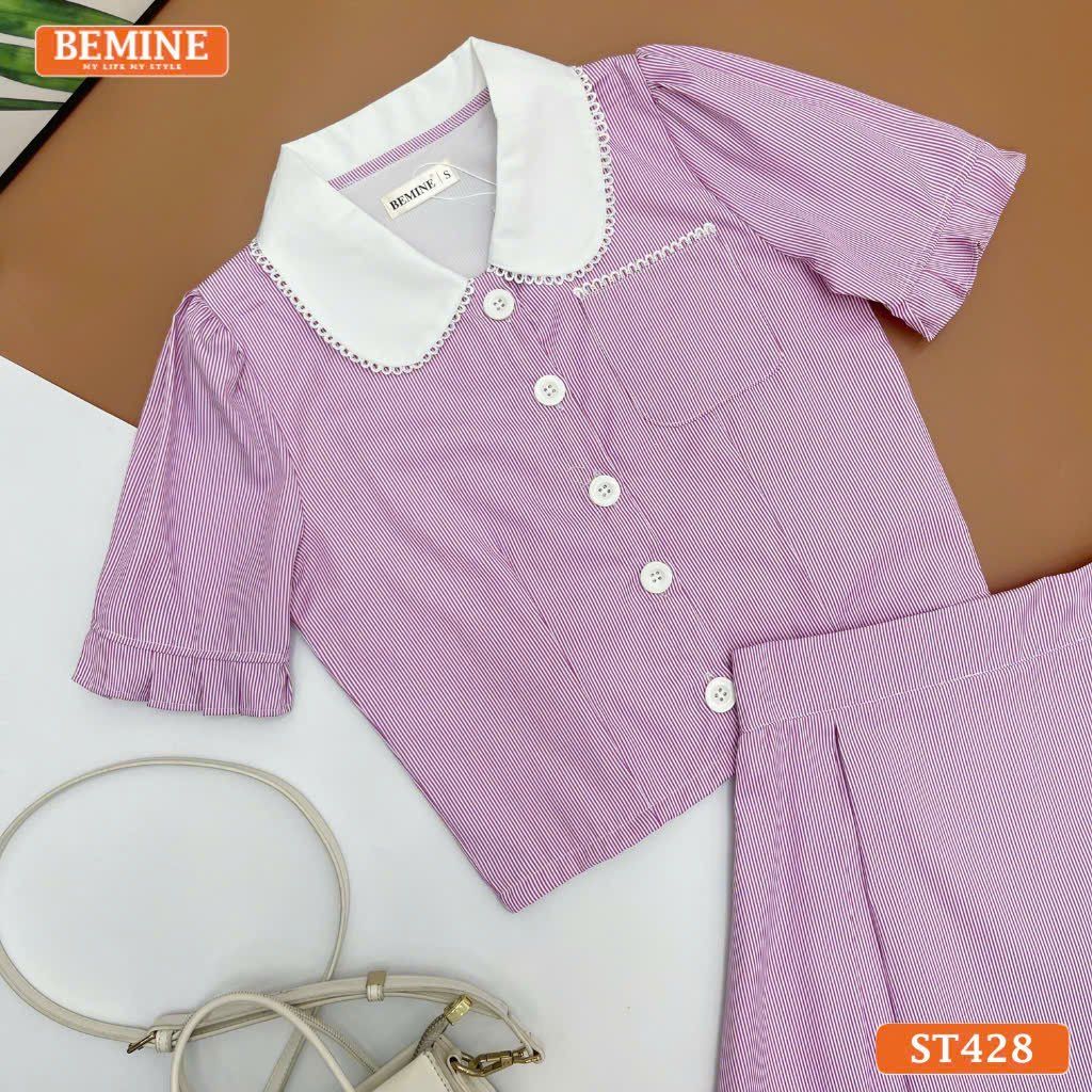 Set BEMINE áo sơ mi đính cúc chân váy dáng chữ A ST428