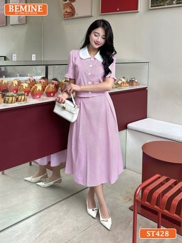 Set BEMINE áo sơ mi đính cúc chân váy dáng chữ A ST428