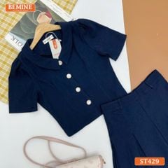 Set BEMINE áo cổ đức đính cúc chân váy dáng xếp ly dài ST429