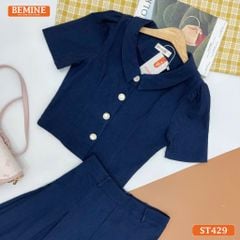 Set BEMINE áo cổ đức đính cúc chân váy dáng xếp ly dài ST429