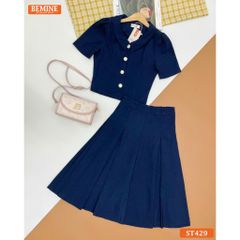 Set BEMINE áo cổ đức đính cúc chân váy dáng xếp ly dài ST429