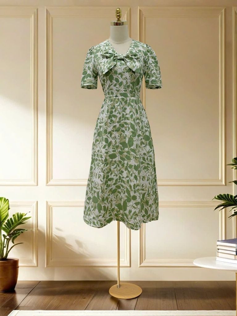 Đầm thiết kế BEMINE cổ V kiểu nơ dáng chữ A phù hợp đi làm, đi chơi-MT10006