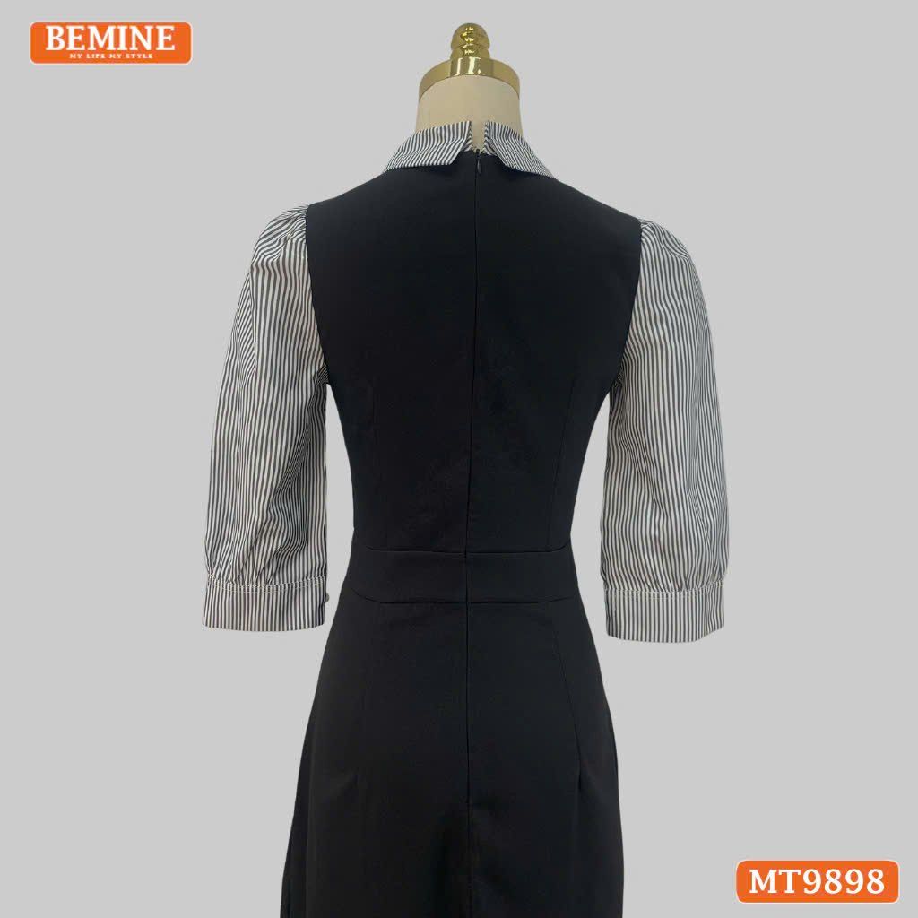 Đầm thiết kế BEMINE cổ sen dáng bút chì tay dài phối sọc phù hợp đi làm, đi dạo phố-MT9898