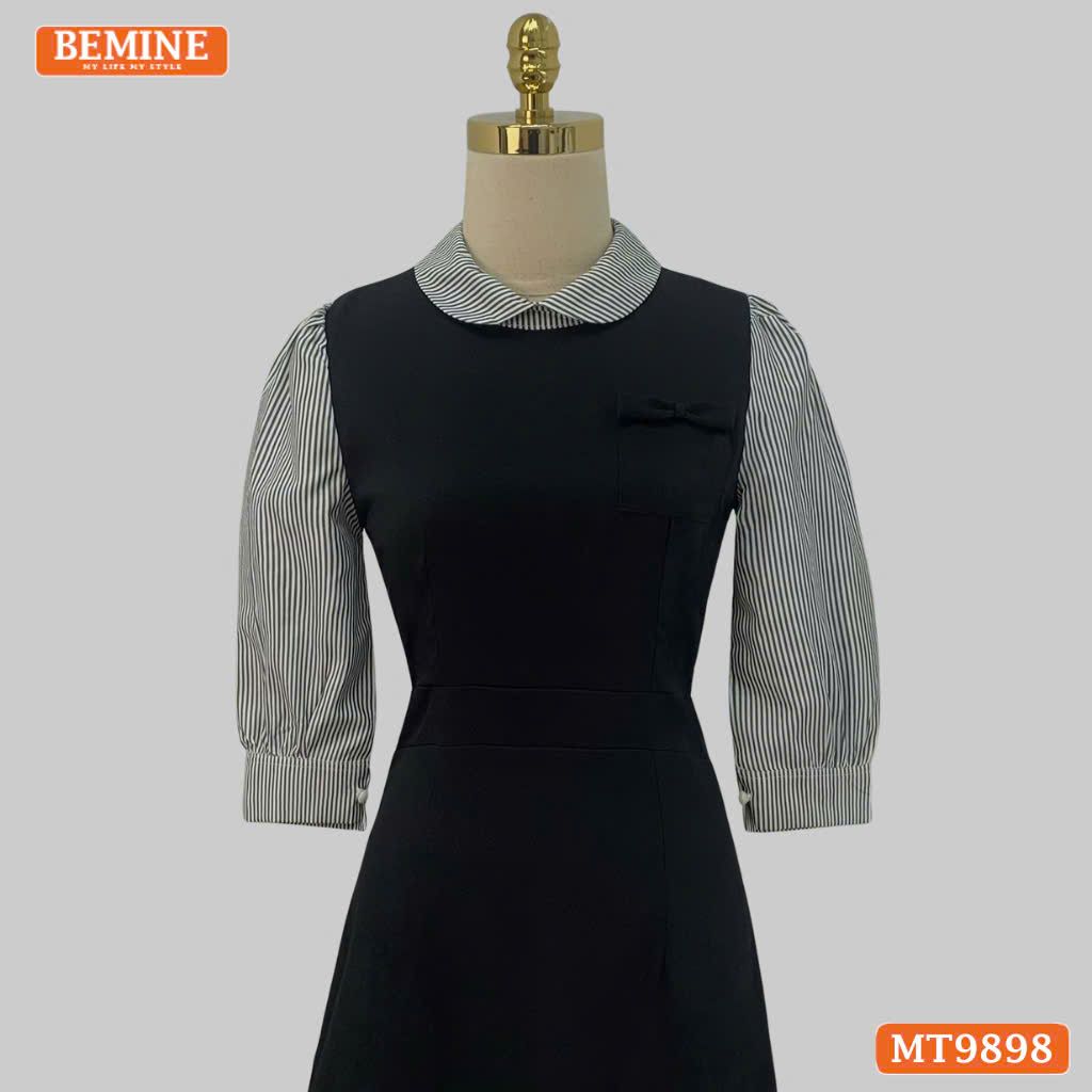 Đầm thiết kế BEMINE cổ sen dáng bút chì tay dài phối sọc phù hợp đi làm, đi dạo phố-MT9898
