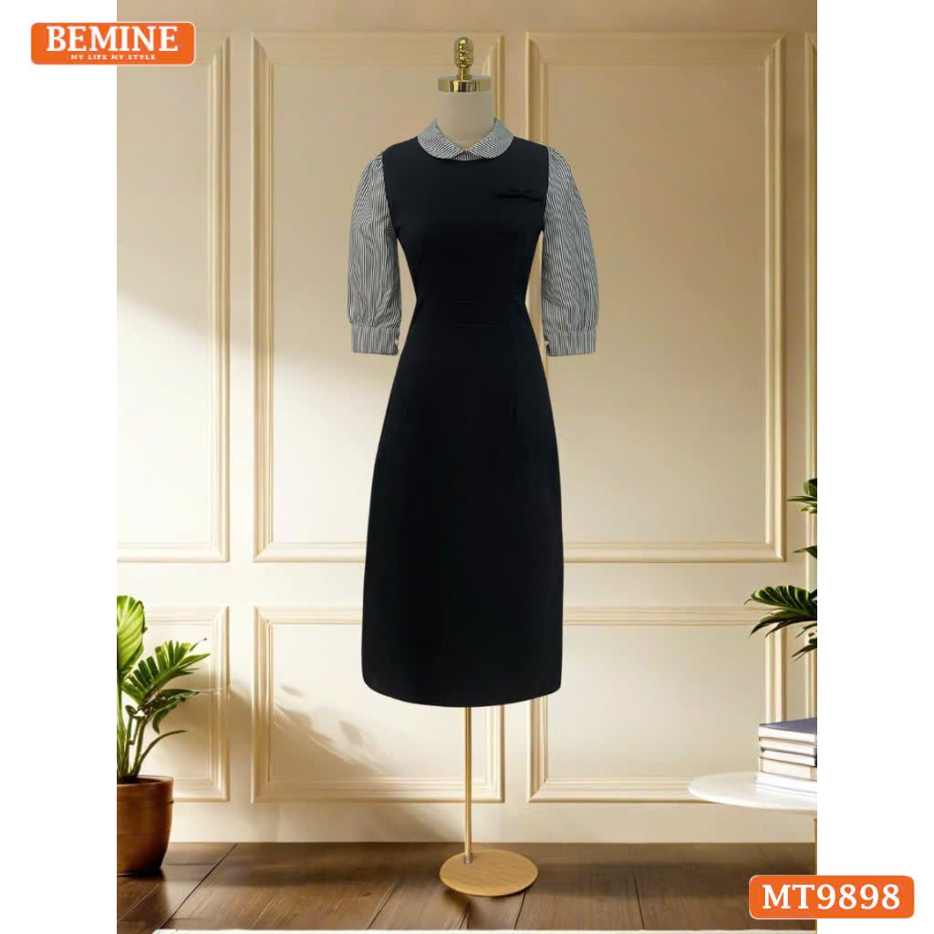 Đầm thiết kế BEMINE cổ sen dáng bút chì tay dài phối sọc phù hợp đi làm, đi dạo phố-MT9898