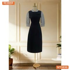 Đầm thiết kế BEMINE cổ sen dáng bút chì tay dài phối sọc phù hợp đi làm, đi dạo phố-MT9898