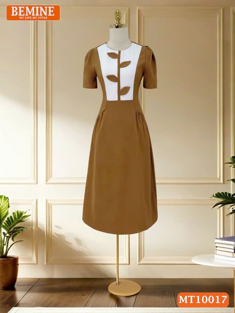 Đầm thiết kế BEMINE cổ tròn họa tiết lá dáng chữ A phù hợp đi làm, đi chơi-MT10017
