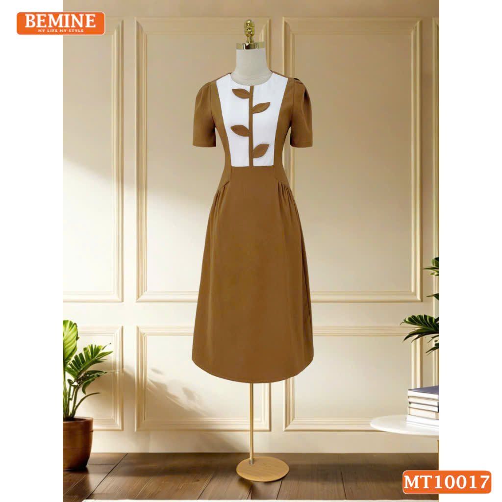 Đầm thiết kế BEMINE cổ tròn họa tiết lá dáng chữ A phù hợp đi làm, đi chơi-MT10017