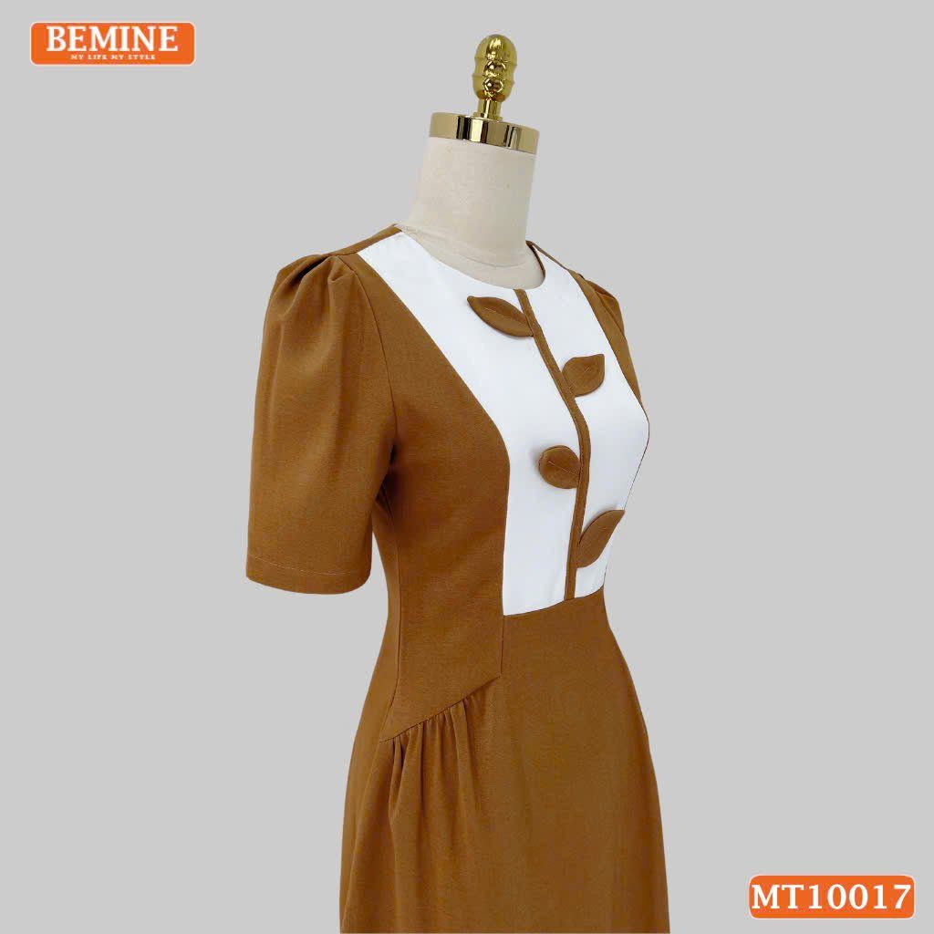 Đầm thiết kế BEMINE cổ tròn họa tiết lá dáng chữ A phù hợp đi làm, đi chơi-MT10017