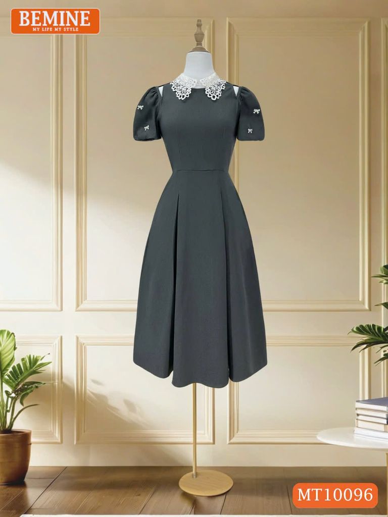Đầm thiết kế BEMINE cổ ren khoét vai tay phồng dáng chữ A phù hợp đi làm-MT10096