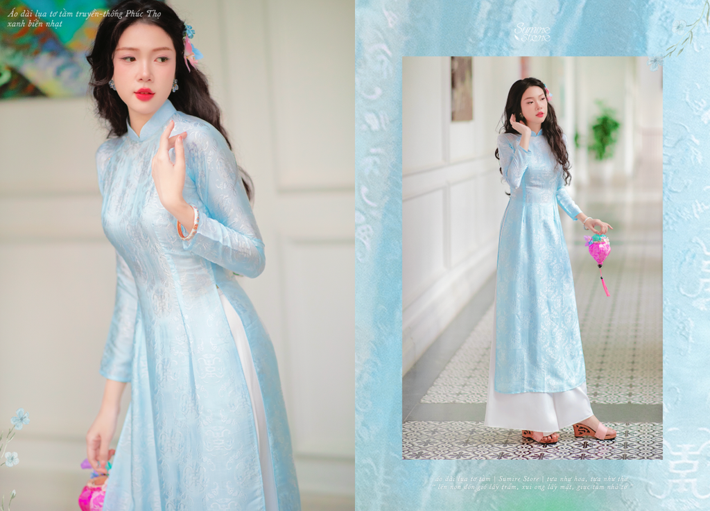 Áo dài lụa tơ tằm Truyền thống Phúc Thọ - Xanh biển nhạt