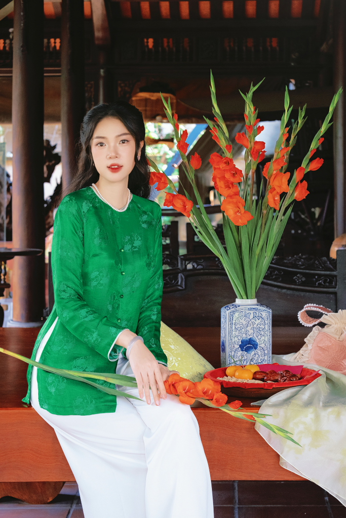 Áo bà ba lụa tơ tằm Phượng Liên - Xanh cẩm thạch