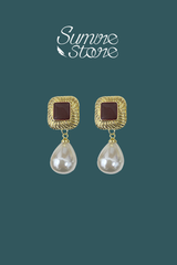 Hoa tai D1911 Đá nâu vuông phối hạt ngọc bầu dục