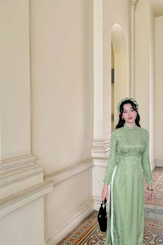 Áo dài Truyền thống Gấm Khuê Gia - Xanh trà