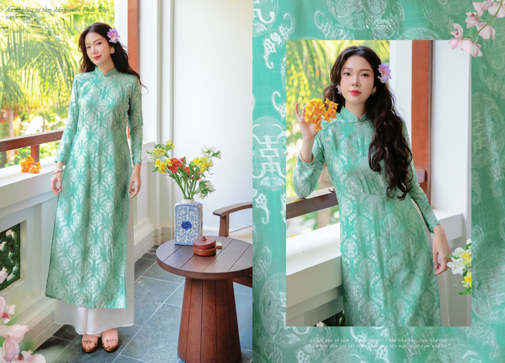 Áo dài lụa tơ tằm Dáng suôn Phúc Thọ - Xanh ngọc