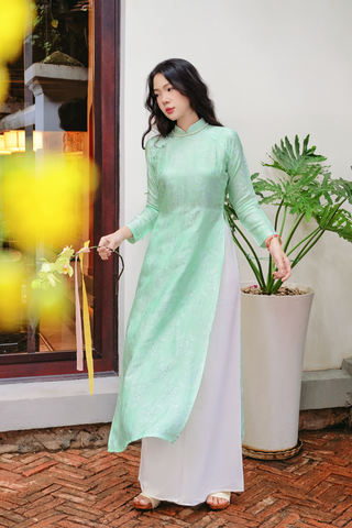 Áo dài lụa tơ tằm Dáng suôn Phúc Thọ - Xanh bạc hà