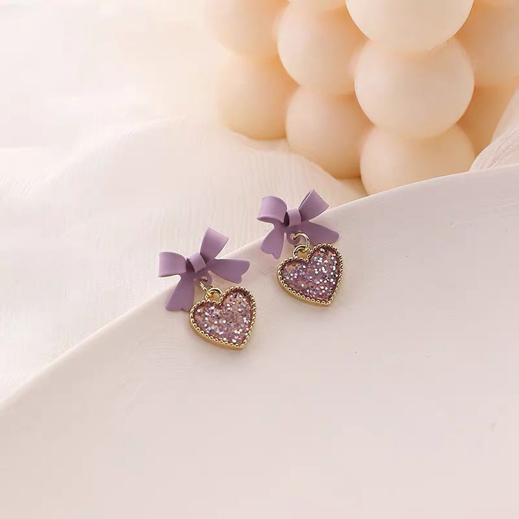 Hoa tai D1603 Nơ hồng tím trái tim