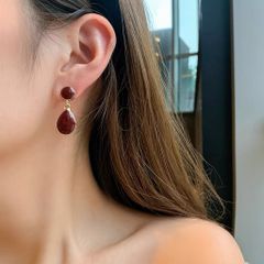 Hoa tai D1606 Đá tròn phối đá bầu dục đỏ đô